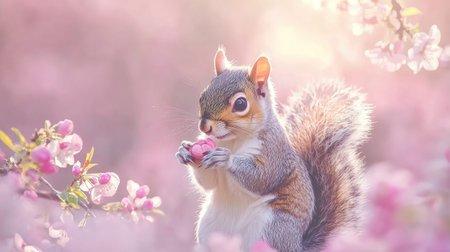 A charming squirrel stands amidst soft pink cherry blossoms, holding a heart-shaped candy, embodying the playful spirit of spring and joy.の素材