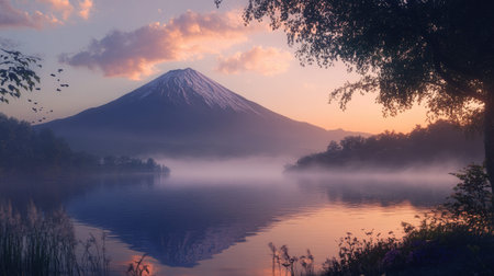 A breathtaking view of a snow-capped mountain reflecting in a tranquil lake at sunset, enveloped in mist and surrounded by lush nature, ideal for relaxation.の素材