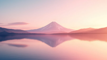 A breathtaking view of Mount Fuji at sunrise, reflected in a tranquil lake. Soft pastel colors in the sky create a serene and peaceful atmosphere, perfect for nature lovers.の素材