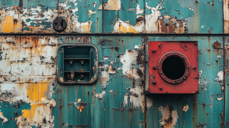 A detailed close-up image of a weathered metal surface showcasing rust and peeling paint. The artwork features circular and rectangular openings, emphasizing industrial aesthetic.の素材
