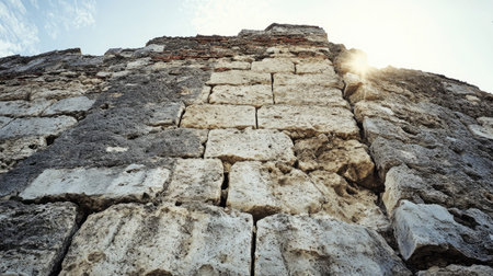 This image captures an ancient stone wall featuring a textured surface illuminated by bright sunlight, perfect for conveying history and architecture.の素材