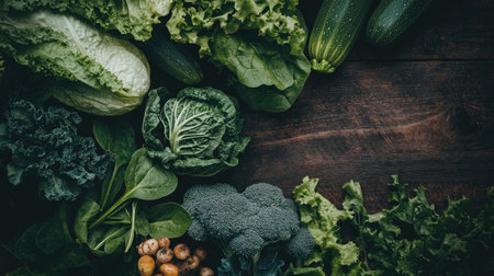 A stunning flat lay of fresh organic vegetables including lettuce, zucchini, kale, and broccoli arranged on a dark wooden background, promoting healthy eating.の素材