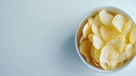 A bowl filled with freshly made potato chips sits on a light background, highlighting the crispy texture and inviting appeal of the snack. Perfect for gatherings or personal indulgence.の素材