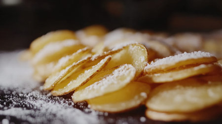 This close-up image showcases a stack of crispy potato chips lightly sprinkled with salt. The warm golden color and soft focus background create an inviting and appetizing atmosphere, perfect for food-themed projects.の素材
