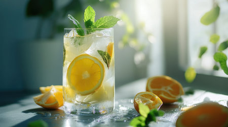 A vibrant and refreshing citrus drink garnished with lemon slices and mint leaves sits in a glass, bathed in soft sunlight, ideal for summer relaxation.の素材