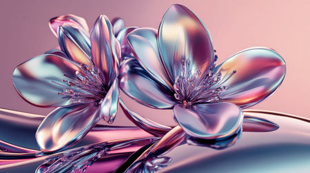 A stunning close-up of glossy metallic flowers showcasing iridescent petals with a dreamy light pastel background evokes a sense of elegance and beauty.の素材