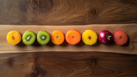 An artistic display of sliced fruits arranged symmetrically on a wooden board, showcasing vibrant colors and natural textures, ideal for healthy lifestyle visuals.の素材