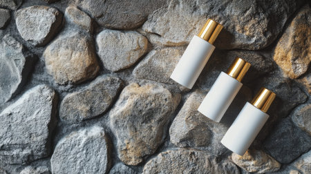 Three elegant white bottles with gold caps are artistically arranged on a textured stone background, perfect for showcasing luxury skincare or beauty products.の素材