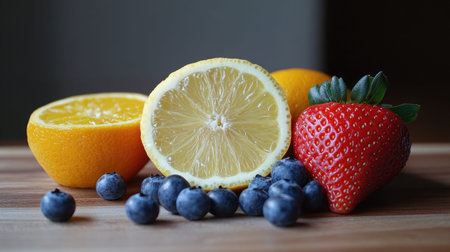 A vibrant arrangement of fresh fruits featuring a halved lemon, whole oranges, strawberries, and blueberries on a wooden surface. Ideal for healthy eating and nutrition themes.の素材