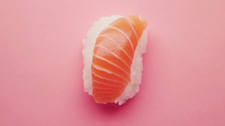 This captivating image features a piece of fresh salmon sushi placed on a mound of white rice, set against a vibrant pink background, perfect for food-themed projects.の素材