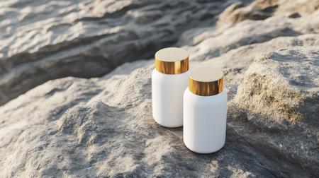 Two elegant white bottles with gold caps rest on a textured rock surface, illuminated by soft sunlight, showcasing a minimalist design perfect for beauty or wellness branding.の素材