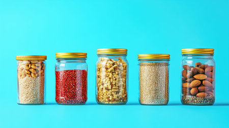 A visually appealing arrangement of five transparent glass jars filled with various nuts, seeds, and healthy snacks, all set against a bright blue backdrop.の素材
