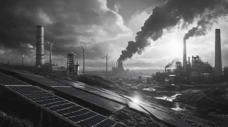 A striking black and white image highlighting the contrast between renewable energy sources like wind turbines and solar panels against industrial pollution from factories.の素材