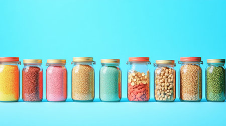 A visually appealing display of glass jars filled with an assortment of colorful ingredients against a bright blue background, perfect for culinary inspiration.の素材