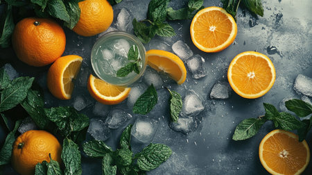A refreshing citrus beverage made with juicy oranges and fresh mint, surrounded by ice cubes and vibrant orange slices, perfect for a summer gathering.の素材