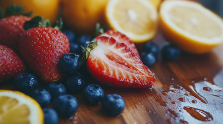 A vibrant and mouth-watering arrangement of fresh strawberries, blueberries, and lemon slices on a wooden surface, showcasing natural beauty and freshness.の素材