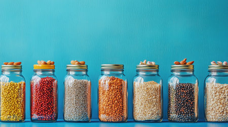 A visually appealing arrangement of colorful dried legumes and grains displayed in clear glass jars, set against a vibrant blue background, perfect for showcasing healthy living and cooking.の素材