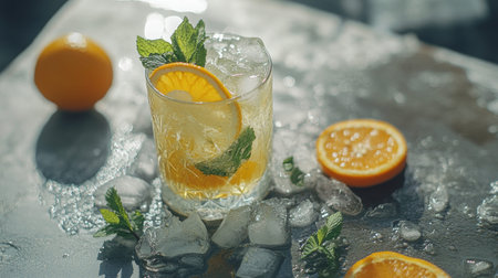 A beautifully crafted citrus cocktail featuring ice, an orange slice, and fresh mint leaves, perfect for summer gatherings or relaxing moments.の素材