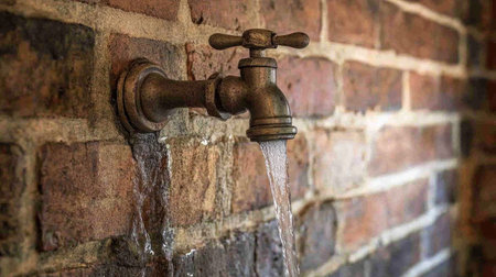 This image showcases an antique water faucet mounted on a textured brick wall, with water flowing gracefully. Ideal for design ideas and inspirations.の素材
