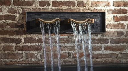 Discover a stunning waterfall faucet design that enhances any modern or rustic interior with a unique artistic touch against a brick wall.の素材