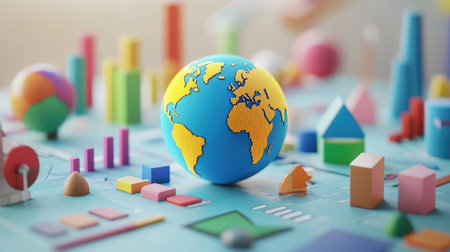 A vivid globe with a design showcasing continents stands out amidst various geometric shapes and charts, symbolizing global data and creative exploration.の素材
