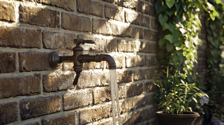 An old-fashioned water faucet is elegantly positioned against a rustic brick wall, with water gently flowing and surrounded by lush green plants, capturing a serene outdoor moment.の素材