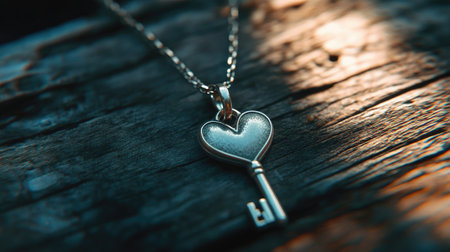 A close-up view of a heart-shaped silver key pendant necklace resting on a wooden surface, illuminated by soft, warm light, creating a romantic atmosphere.の素材