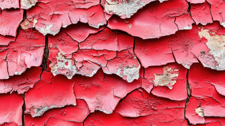 This image features a close-up view of a weathered surface with vibrant red paint that is cracked and peeling, showcasing rich textures and intricate details.の素材
