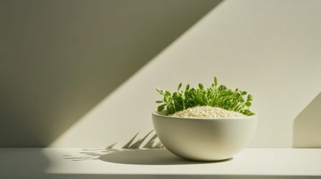 A white bowl filled with fresh green herbs and rice sits against a smooth, minimalist background, illuminated by soft natural light showcasing the essence of healthy cooking.の素材