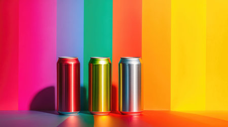 Eye-catching image of three metallic beverage cans displayed on a vibrant, colorful background. Ideal for marketing and creative design projects, emphasizing freshness and energy.の素材