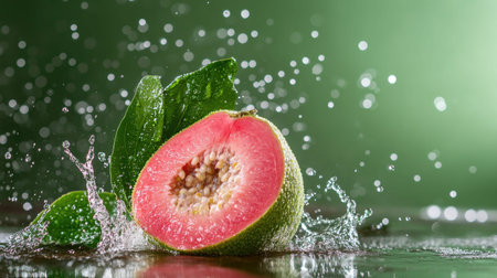 A vibrant image showcasing a fresh juicy guava slice with green leaves, captured mid-splash in water against a lively background, representing health and freshness.の素材