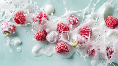 A vibrant composition featuring fresh raspberries splashing in creamy milk, creating an artistic scene with droplets on a soft blue surface, showcasing freshness.の素材