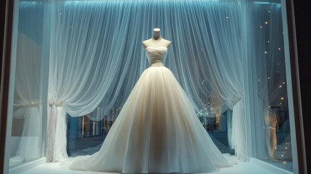 This stunning bridal gown is displayed in a boutique window, illuminated by soft lighting and surrounded by delicate curtains, creating an enchanting atmosphere.の素材