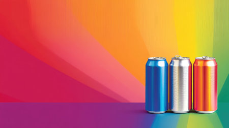 This image features three beverage cans in blue, silver, and orange, set against a vibrant, multicolored gradient background, creating a lively atmosphere.の素材