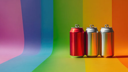 Three metallic cans featuring a bright red and shiny silver finish stand against a colorful gradient background, creating a playful and vibrant atmosphere.の素材