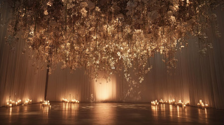 A beautifully arranged floral backdrop featuring soft lighting and flickering candles creates a romantic and elegant event space ideal for weddings and celebrations.の素材