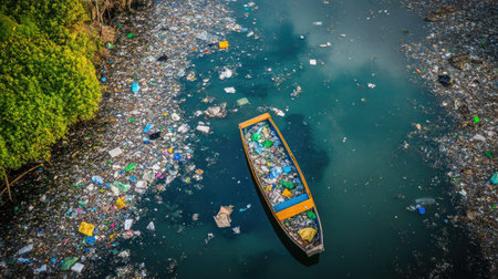 This aerial image captures a polluted waterway filled with varied debris and garbage, emphasizing the urgent need for environmental awareness and cleanup efforts.の素材