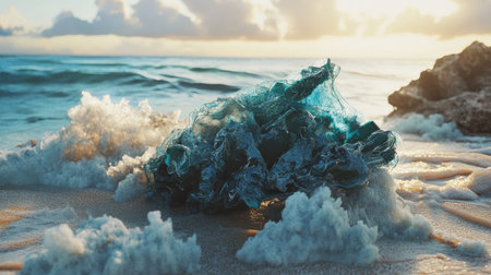 A stunning close-up of a vibrant jellyfish resting on the shoreline, surrounded by sea foam under a soft sunrise. Perfect representation of marine ecosystems.の素材