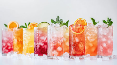 A vibrant display of cold drinks showcases a variety of colorful beverages, all garnished with fresh fruit and mint, perfect for summer gatherings.の素材