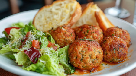 A plate featuring succulent meatballs accompanied by a crisp green salad, fresh sliced bread, and a rich red sauce, perfect for any meal.の素材