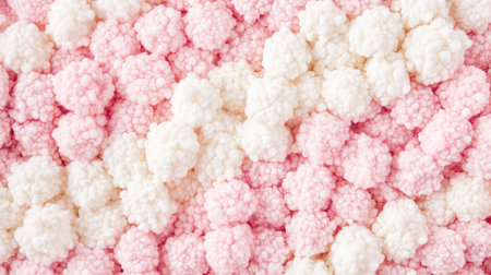 A captivating close-up view of a whimsical arrangement of soft pink and white fluffy cotton balls presents an inviting and cozy texture, perfect for various design needs.の素材