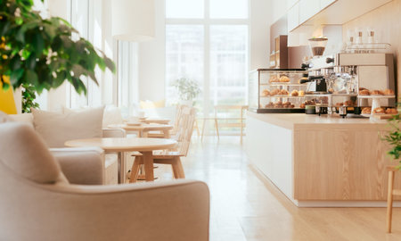 Interior of modern cafe with beige armchair and coffee table