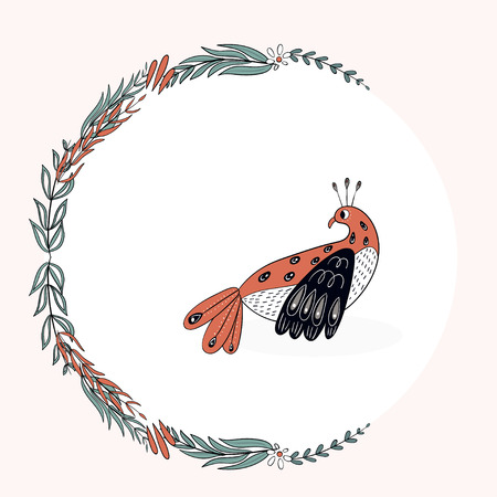 White bird in a frame. Fantastic phoenix from cartoons. Element for vector illustrations. A set of green plants.のイラスト素材