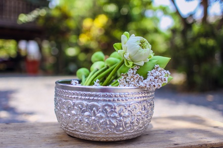 Lotus in monk s bowl for prayer in Buddhist ceremonyの写真素材
