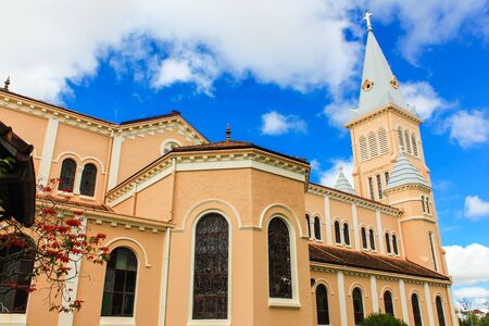 Da Lat Cathedral, Cathedral of the chicken on blue sky background, located in Da Lat city, Lam Dong province, Vietnamの写真素材