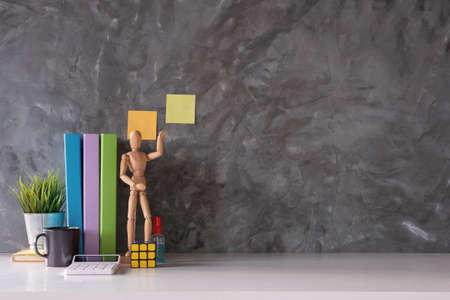 Contemporary Workspace Mock up marble tabletop with notepad, colour pencils, calculator. workspace and copy space for products display montage.の写真素材