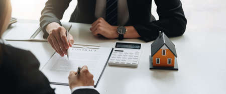 legal consultants, notary or justice lawyer discussing contract document on desk with client...