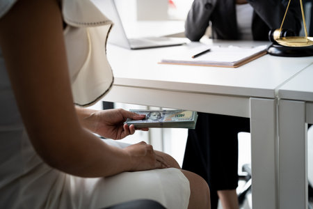 A female client tries to give money or bribe under a table to her lawyer. Bribe, Tribute, Graft, Corruption.の写真素材