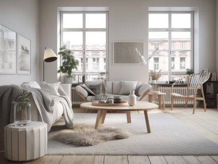 Scandinavian interior style livng room with sofa, coffee table and decoration. Generatvie AIの素材