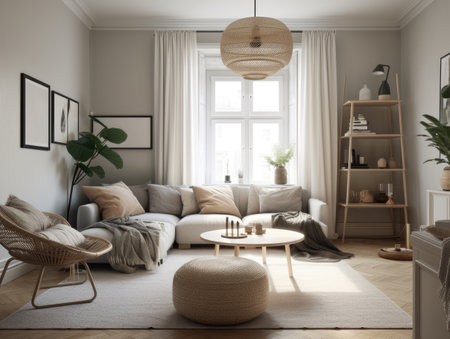 Comfy scandinavian interior living room design with furniture and decorations. Generative AIの素材
